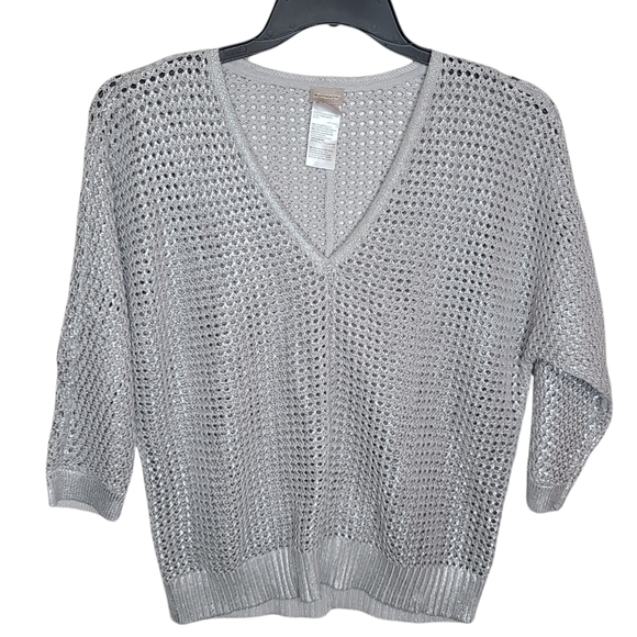 Chico's Sweaters - Chico's VNeck Fisherman Weave Gray Silver Sweater Medium
